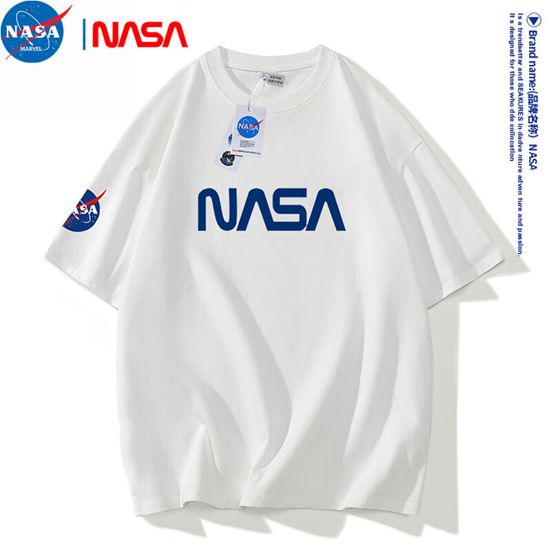 nasa美式短袖t恤男生夏季纯棉白色半袖潮流宽松大码衣服情侣百搭上衣