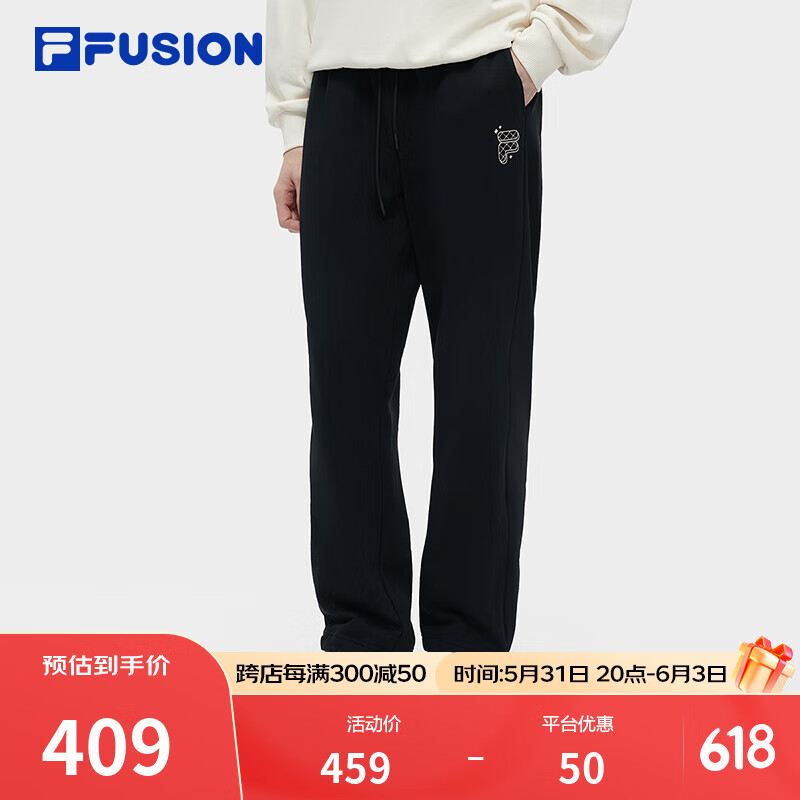 FILA FUSION斐乐潮牌针织长裤男2024春季新款时尚纯棉宽松情侣运动裤 男-正黑色-BK XXL