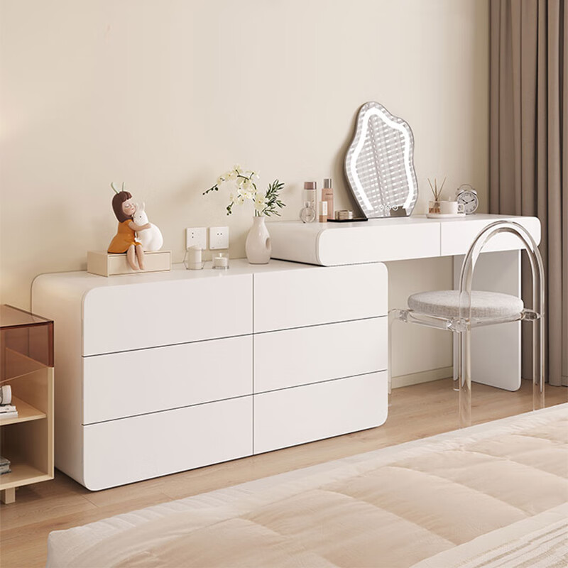 念宜奶油风梳妆台床尾收纳斗柜一体卧室实木伸缩转角大小户型化妆台桌