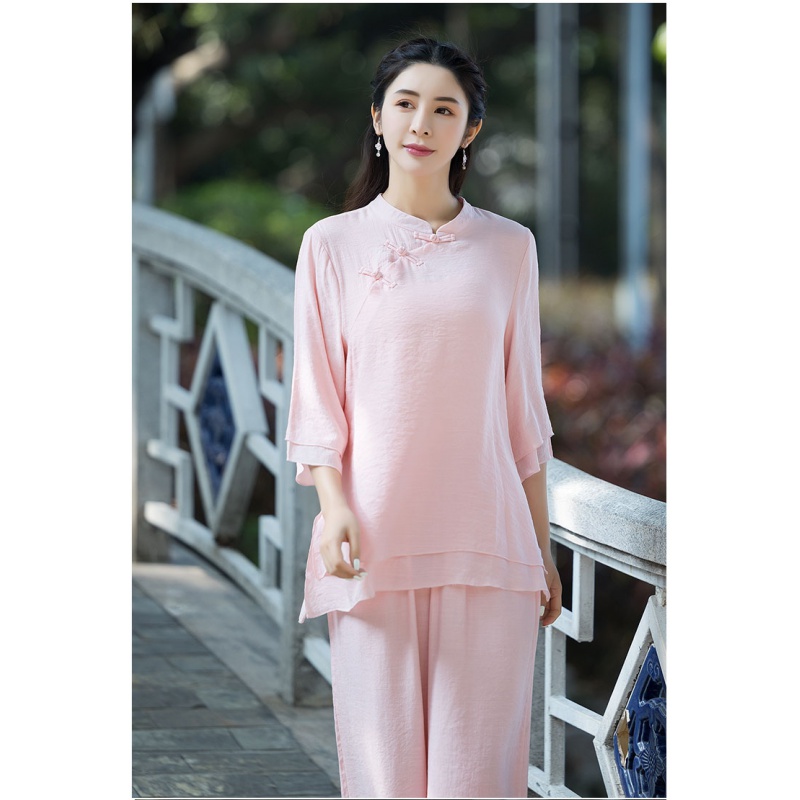 翼米樂(lè)2024新款春夏高端復(fù)古棉麻太極服女套裝 寬松透氣中國(guó)風(fēng)太極拳練 粉色 XL