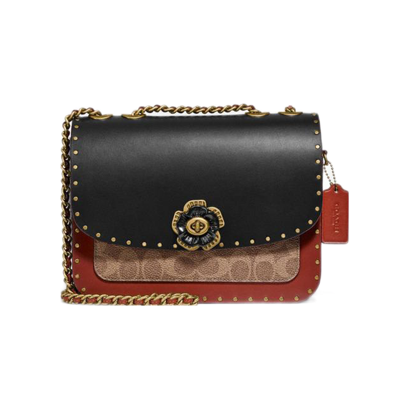 coach 蔻驰女包 madison系列涂层帆布配皮山茶花铆钉单肩斜挎包 c3758