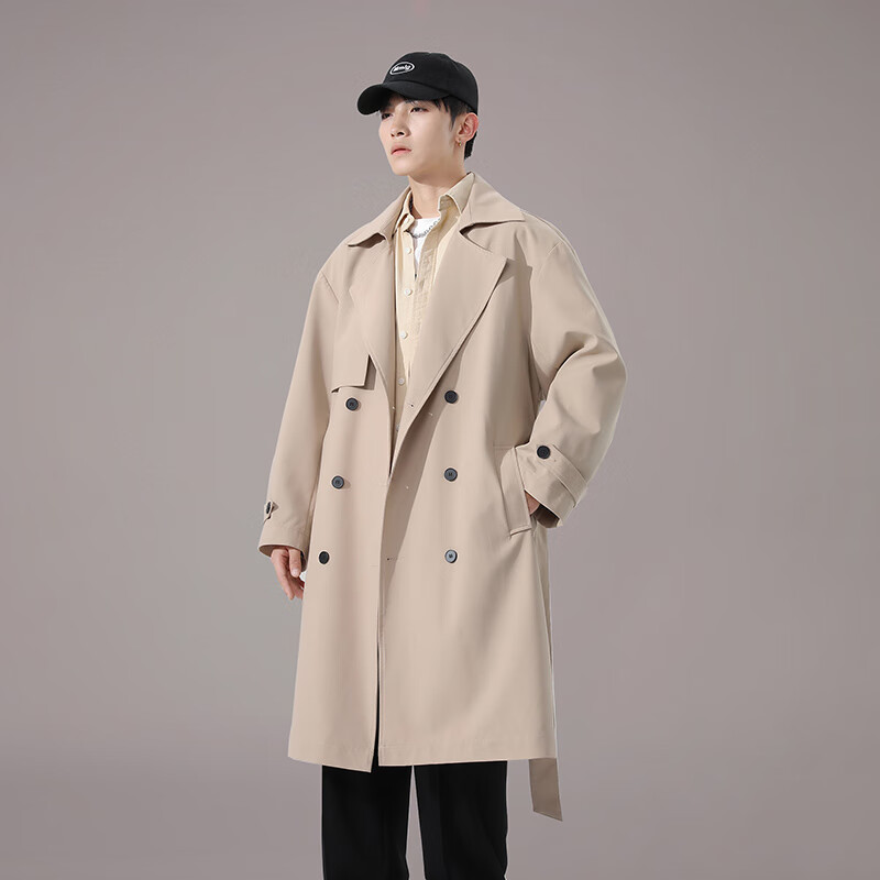 卡其色风衣男春秋新款韩版翻领双排扣宽松休闲外套 卡其色 M