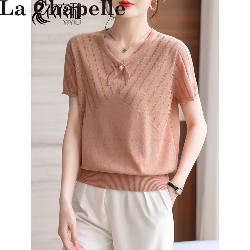 妈妈夏装气质2024夏季新款年轻女装针织衫短袖t恤薄遮肚上衣 橘粉色