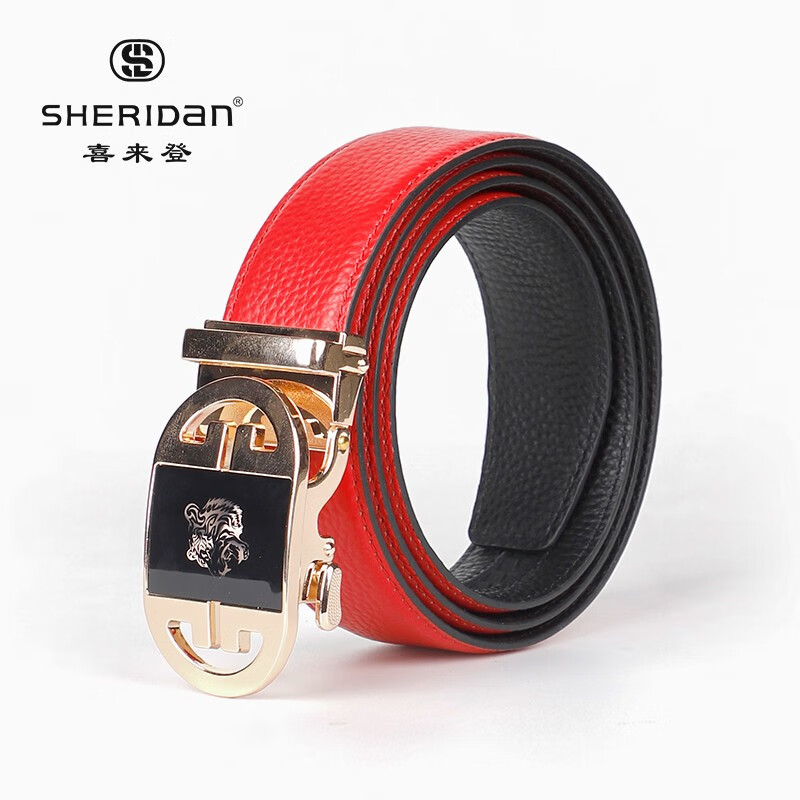 sheridan喜来登 男士皮带牛皮腰带自动扣青年商务百搭休闲裤带 红色