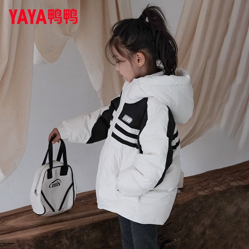 鸭鸭(YAYA)秋冬季新款女款儿童羽绒服女童加厚短款拼接运动户外保暖鸭绒外套 白色 均码 120