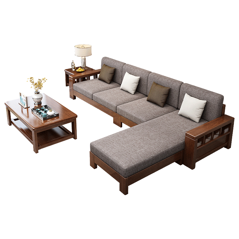 卧森 实木沙发组合现代布艺三人位中式沙发床大小户型客厅家用储物沙发 四人位+贵妃+茶几 弹簧+乳胶垫 默认1