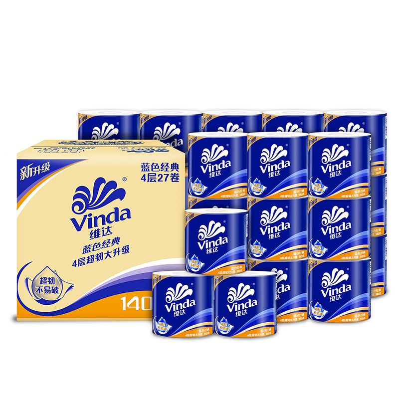 维达(vinda)蓝色经典卷纸4层140克27卷卷筒纸巾 整箱 浅蓝色