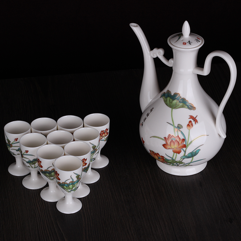 苗苗红陶瓷酒具套装中式高端景德镇青花瓷仿古白酒酒壶酒杯套装摆件 MZ 款4 荷塘清趣酒具 11件