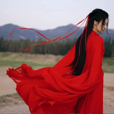 女 飘逸新款汉服古装中国风红色交领襦裙超仙侠 大漠红衣 xs