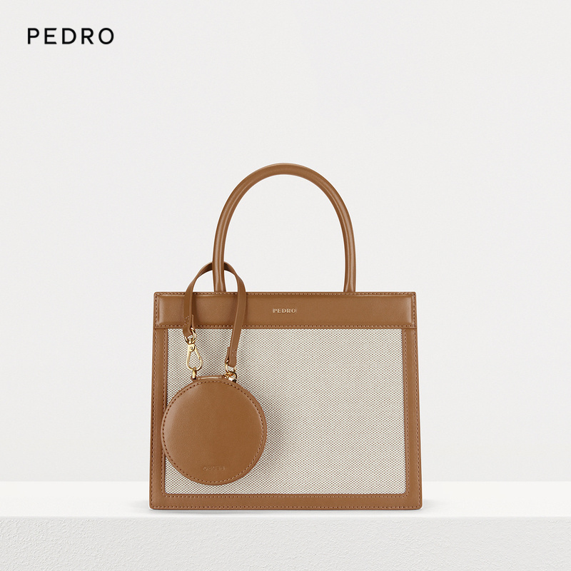 Pedro圆饼包挂饰格纹托特包手提包女单肩包女女包PW2-55060017黄褐色 S
