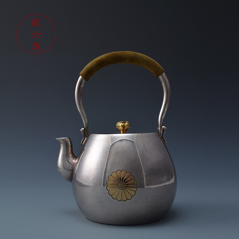 藏六造鎏金花摘宫家纹银壶 纯银999纯手工高端日本银壶家用烧水壶煮