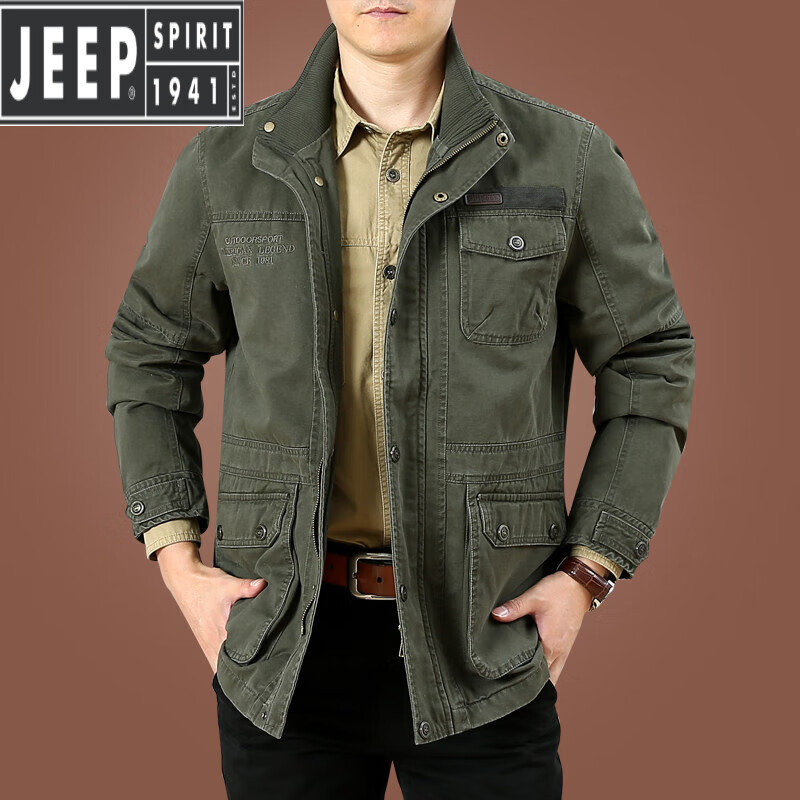 jeep春秋夹克外套轻奢男装工装夹克男外套春秋百搭休闲纯棉中年男装秋