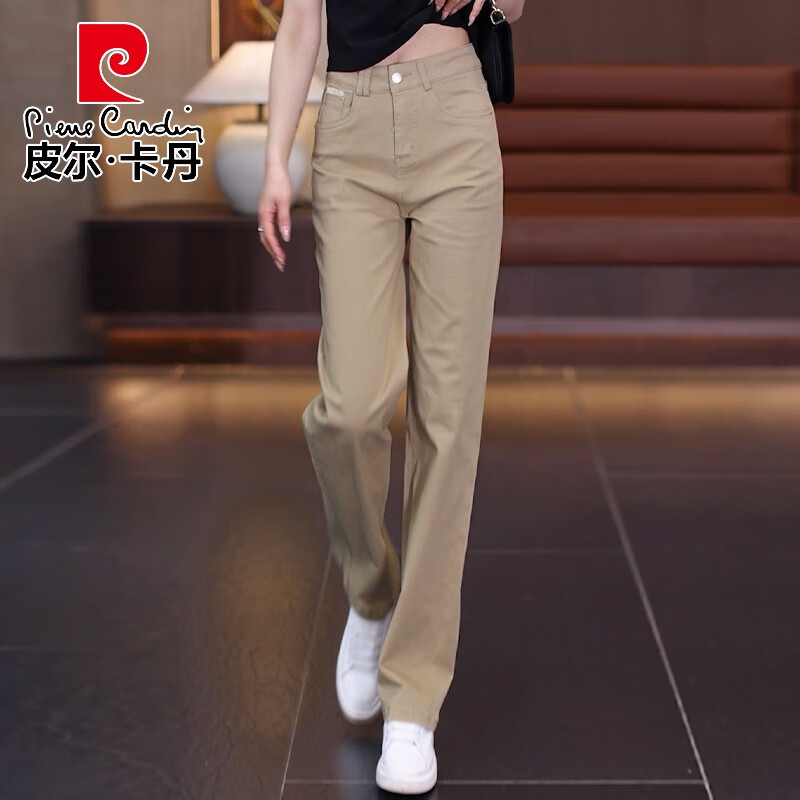 皮尔卡丹卡其色裤子女2025新款夏季薄款宽松牛仔裤休闲窄版女裤春秋直筒裤 卡其色 3XL 【推荐140-160斤】