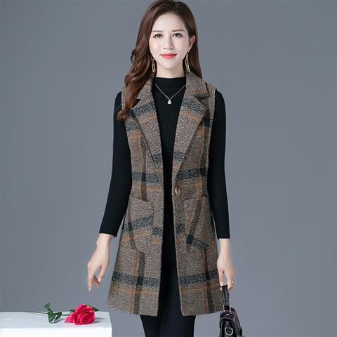 蓝骏启大妈格子马甲女春秋款无袖马甲女外套中长款春秋马甲大妈马夹