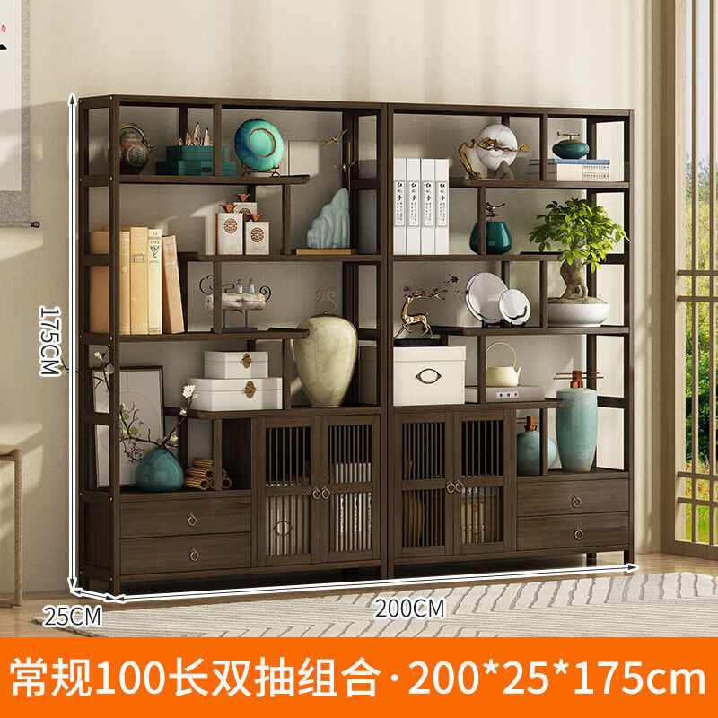 新饰名居新款博古架实木中式多宝阁置物架展示柜茶叶架办公室仿古古董架 【鸡迟木色】100双门组合【无云属于什么档次？