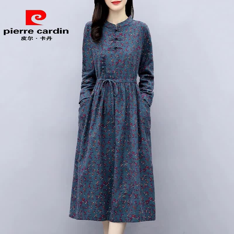 皮尔卡丹棉麻长袖连衣裙女春秋季2024年新款高端气质名媛品牌全棉裙子
