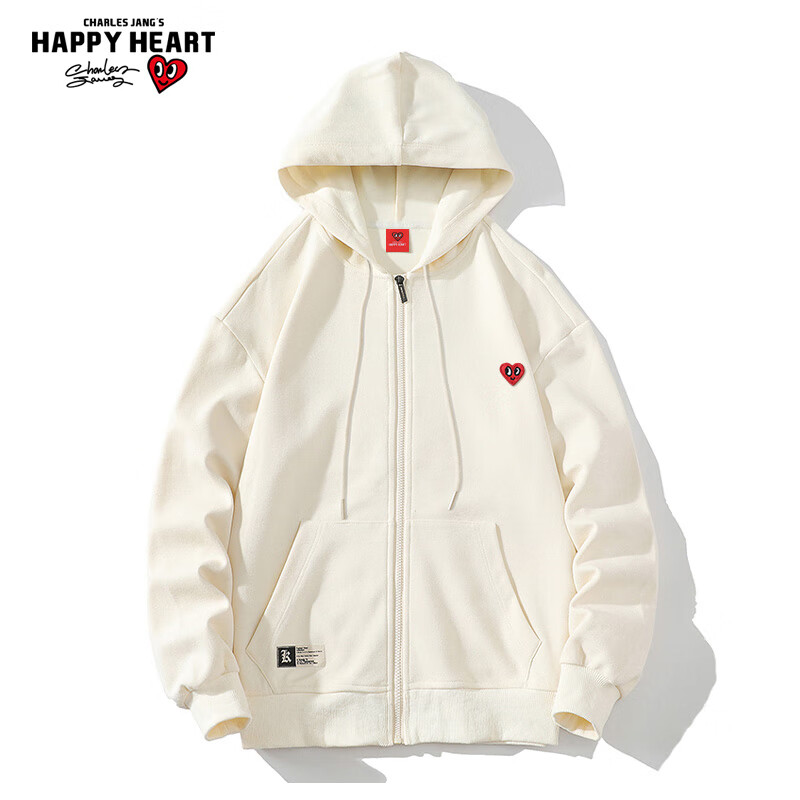 查尔斯桃心开衫连帽卫衣男女情侣同款纯色春秋宽松百搭拉链外套 米白