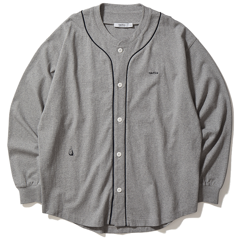 nautica white sail白帆×Cityboy日系中性寬松全棉長袖圓領(lǐng)全開襟T恤KW3112 花灰色005（231） S