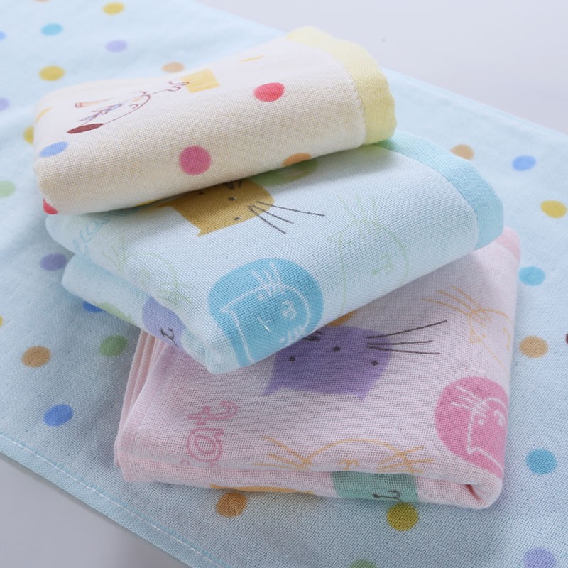 金号纯棉纱布小毛巾柔软吸水擦汗巾卡通透气中巾儿童小毛巾 三条猫咪