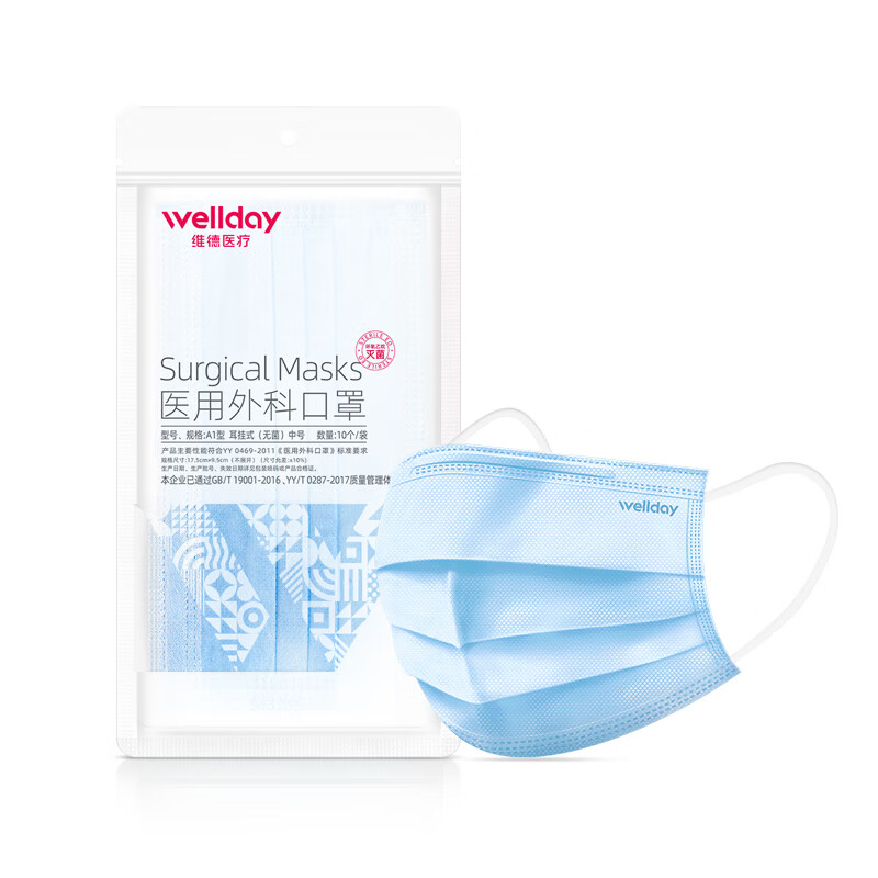 维德(WELLDAY)一次性医用外科口罩防护三层无菌级防细菌防飞沫轻薄透气挂耳式 医用外科灭菌级-蓝色【100只】