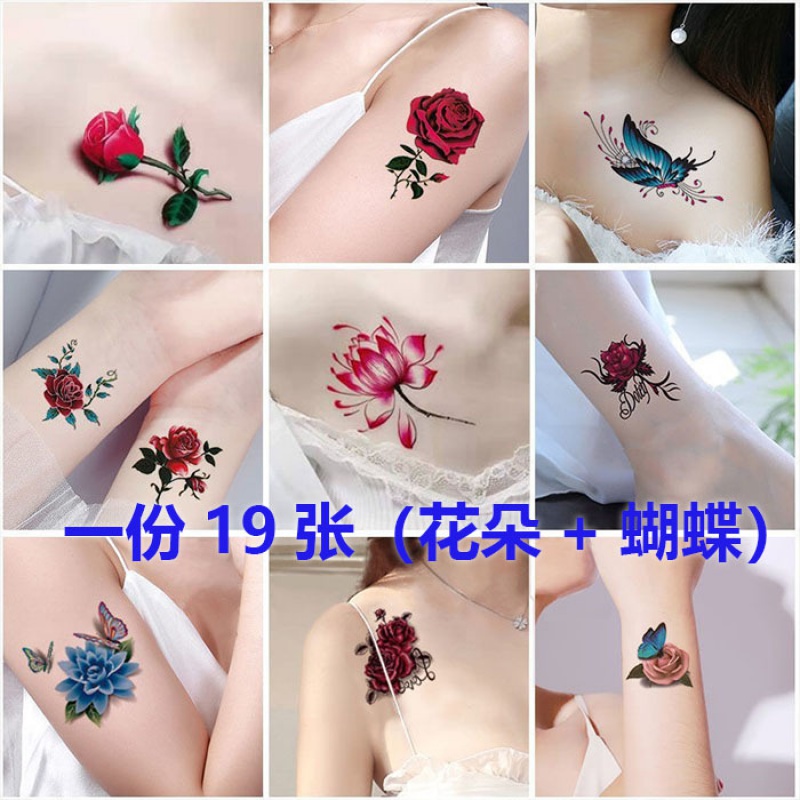 2022新款3d蝴蝶玫瑰花纹身贴防水女款逼真可清洗锁骨贴纸贴画
