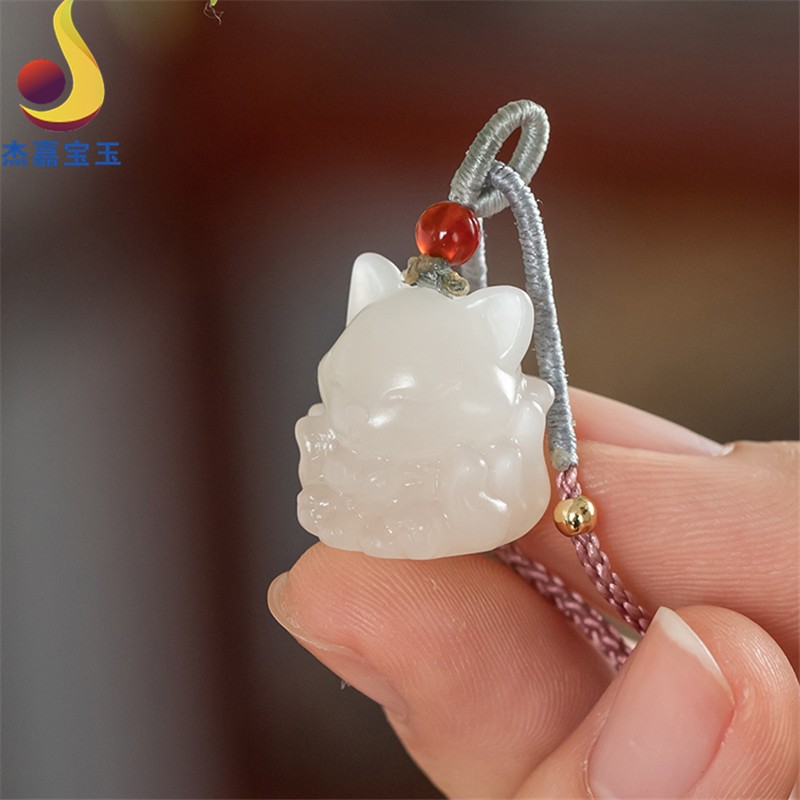 杰嘉宝玉原创新款三生三世田玉白玉晴水九尾狐吊坠苏工小众小狐狸挂坠