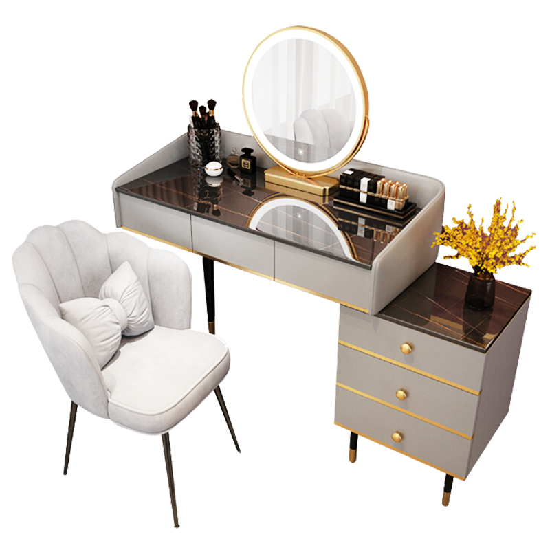泍易那家 梳妆台卧室储物收纳现代简约小户型网红ins风化妆桌一体轻奢岩板多功能带灯梳妆柜迷你梳妆桌 粉白80CM桌+边柜+智能镜+ 蝴蝶椅可换圆凳 整装