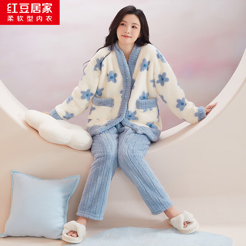 红豆居家（Hodohome）【加绒加厚】秋冬保暖印花女士开衫长袖睡衣套装甜美居家服秋上新 云朵蓝 M 女士165/M