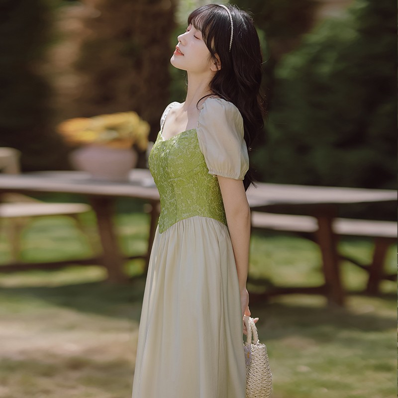 格玫黛（GEMEIDAI）2022夏季新款小众设计独特裙子法式复古假两件泡泡袖连衣裙女 草绿色 S