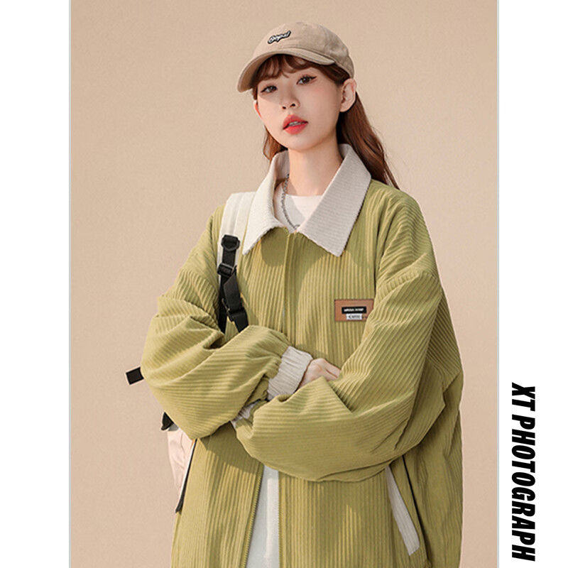 歌珀尼小个子灯芯绒棒球服外套女奶绿色春秋独特超好看拼色翻领工装