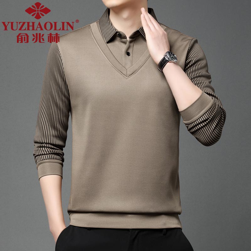 俞兆林假两件长袖t恤男士冬季新款加绒保暖衬衫领男装一体绒休闲卫衣服 卡其色 3XL (185) (建议175-190斤穿)