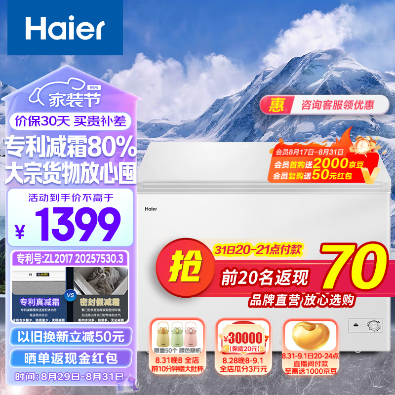 海尔（Haier）海尔(haier) 300升低霜家用商用小冰柜冷冻柜冷藏柜母乳囤货小冰箱冷柜BC/BD-300GHD 以旧换新 白色