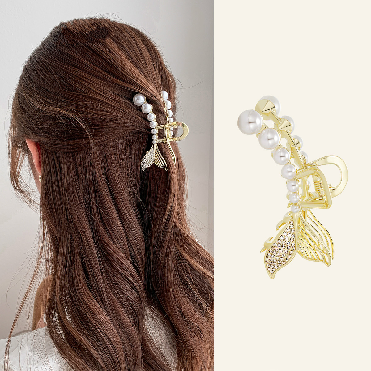 韩饰珍珠鱼尾发抓夹女夏后脑勺发夹中号半扎发鲨鱼夹夹子头饰 金色