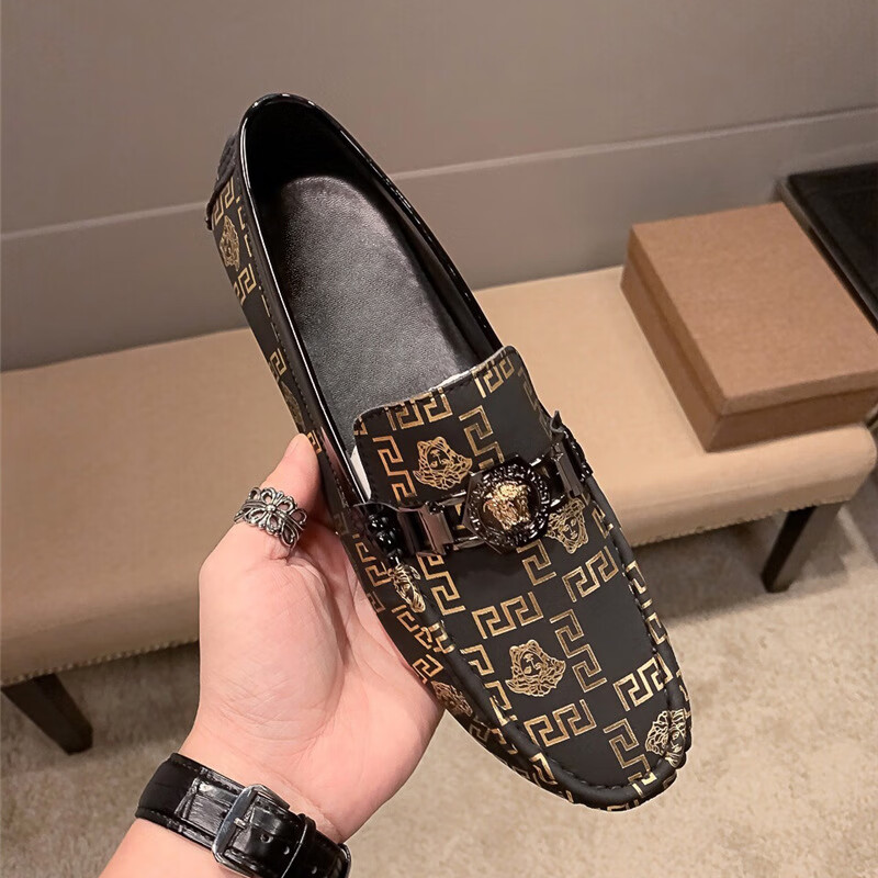 男鞋夏季商务休闲皮鞋舒适软面皮质鞋子套脚软底乐福豆豆鞋时尚 金色