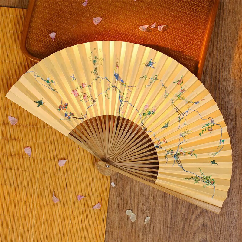 裕奢扇子明制孔府花鸟折扇8寸30方油竹古风汉服扇子宣纸折扇暗花配饰