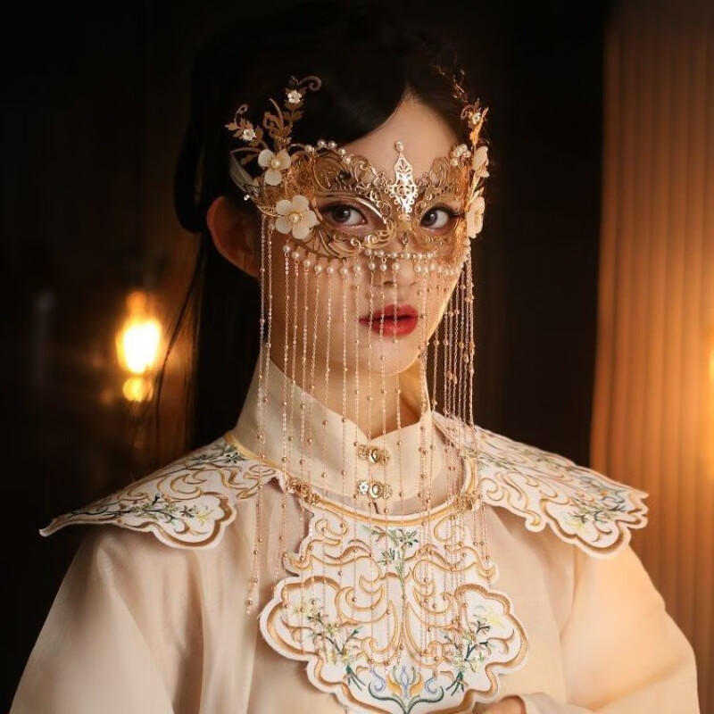 脸古风流苏面帘遮脸古装遮面汉服配饰面纱女道具舞会罩面 遮面帘一个