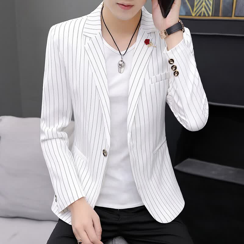 西装条纹男秋装士外套新款韩版休闲小修身潮流上衣帅气装 901白色条纹