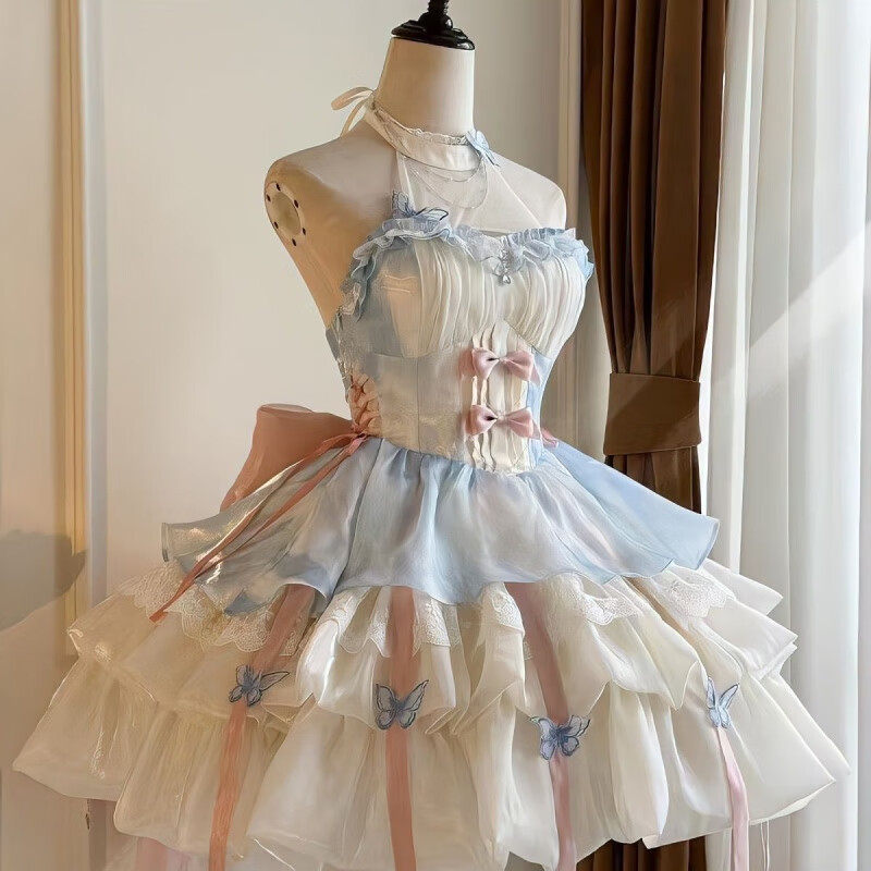 閃動少女（SHANDONGSHAONV）桔梗愛神之約原創(chuàng)lolita公主風(fēng)特純欲風(fēng)掛脖吊帶連衣裙短裙蓬蓬裙 杏藍(lán)色【掛脖款】含拖尾 S