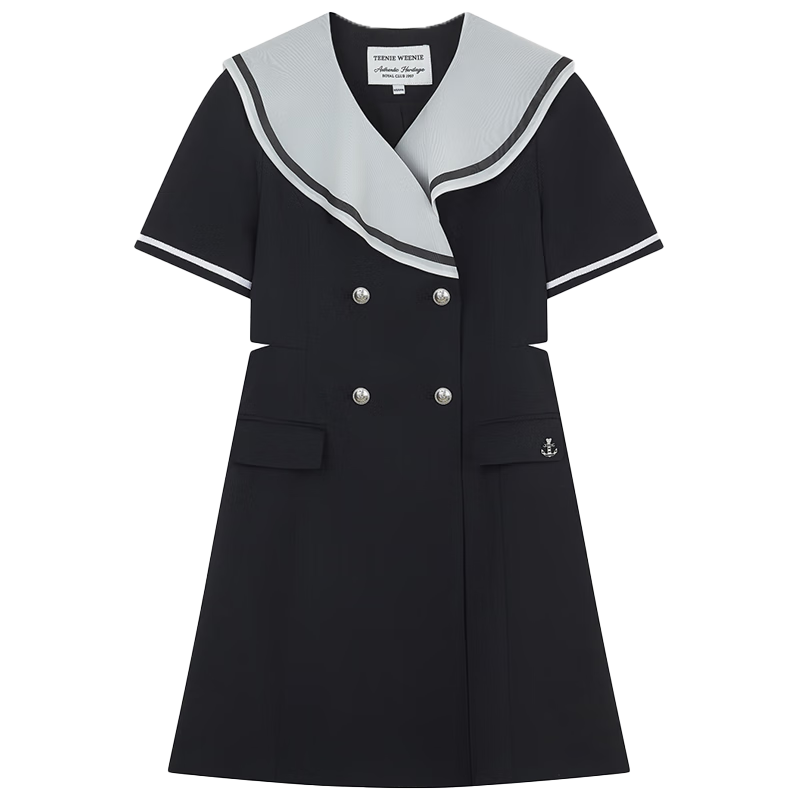 Teenie Weenie小熊女裝簡(jiǎn)約夏季海軍領(lǐng)連衣裙中長(zhǎng)款收腰氣質(zhì)裙女 黑色 S