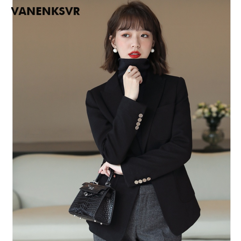 梵恩萨(vanenksvr)轻奢品牌精纺羊毛呢一粒扣小西装外套女 通勤职场