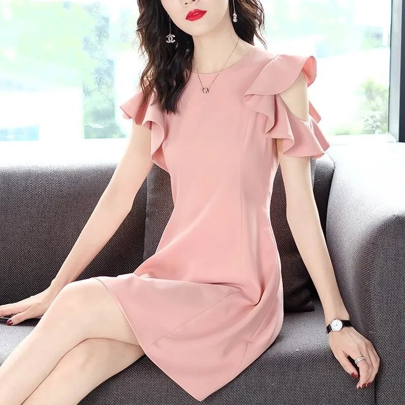 连衣裙收腰显瘦矮个子有女人味夏季新款名媛小香风木耳边露肩 粉色 s9