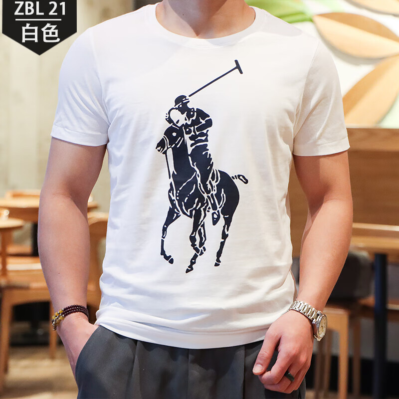 btny美国品牌polo短袖t恤男装圆领纯棉白色打底衫修身印花马标男潮