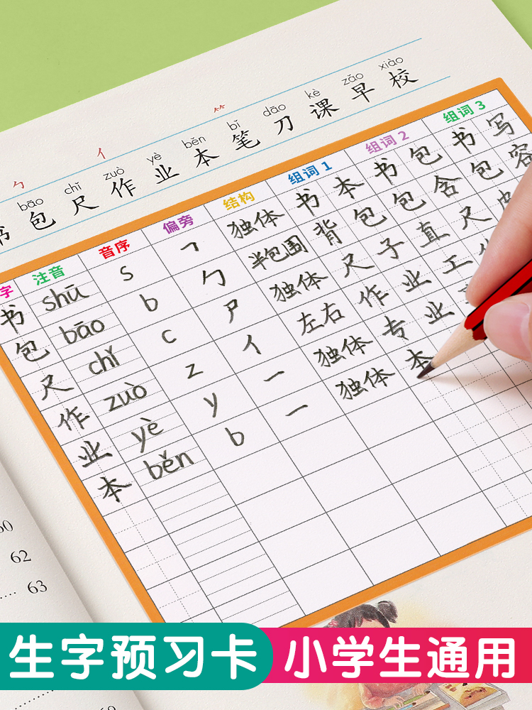 生字预习卡小学生语文一年级上册下册二年级三年级四五六卡片空白卡片纸手写笔画笔顺单词学习小学通用预习纸 方格款（200张+2张课程表+2卷双面胶+2个握笔