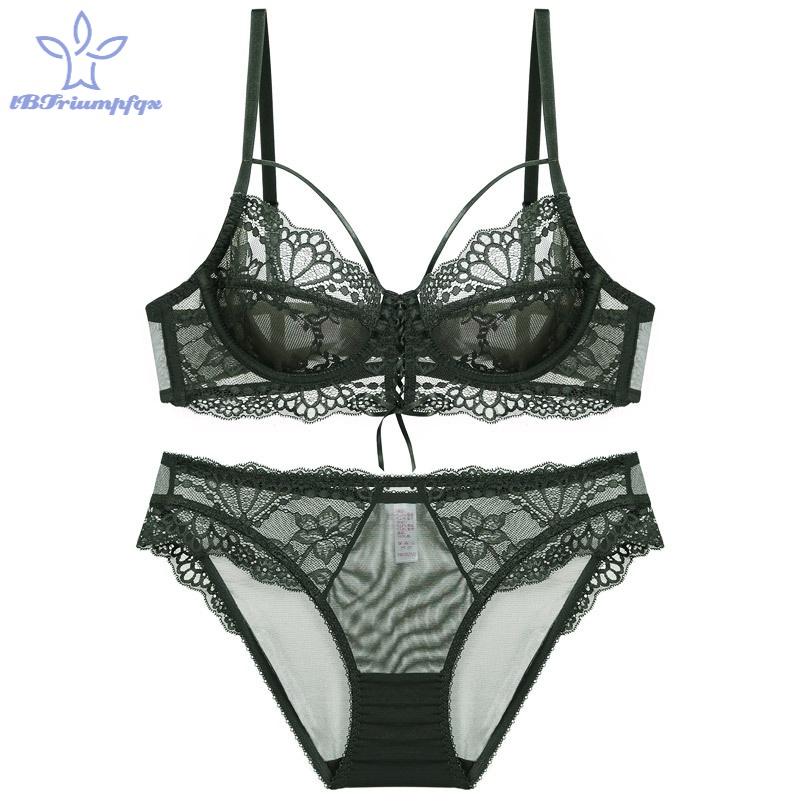 欧美薄蕾丝大胸显小大码内衣文胸套装新款女士胸罩的秘密 墨绿色 70b