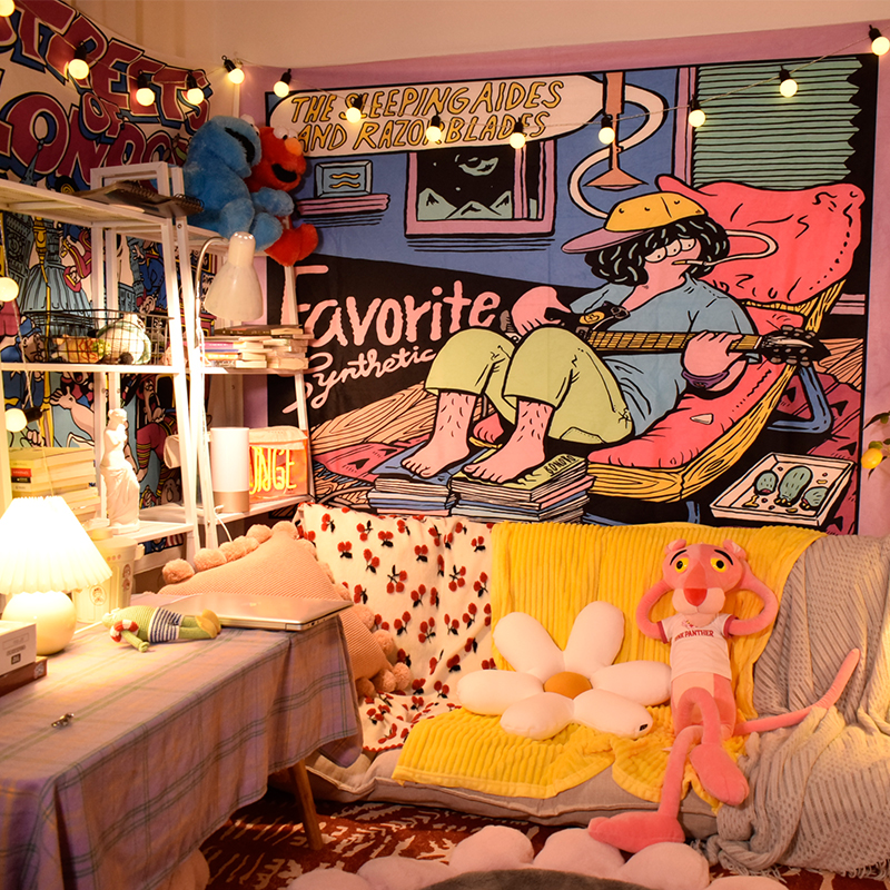 插画背景布ins挂布宿舍改造卧室床头装饰挂毯卡通大 抽烟-喝酒-烫头