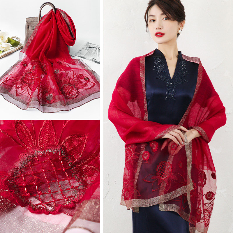 杭丝路 红色丝巾女旗袍披肩母亲婚礼婚宴结婚礼服披肩本命年丝巾年会