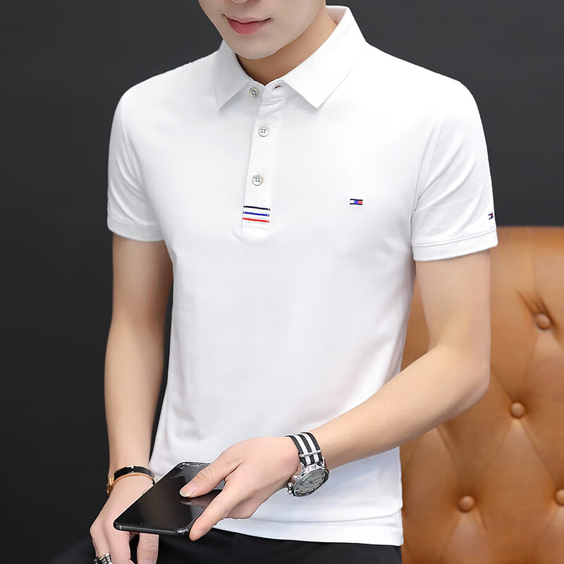 衬衣领短袖t恤男士翻领polo衫有领子纯色百搭上衣男装体恤 白色 1906