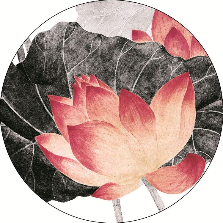 糜鸿圆形新中式禅意荷花水墨油画布装饰画画芯客厅卧室沙发背景墙 flk