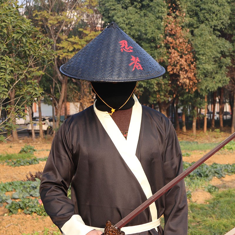 遮阳帽舞蹈道具竹编斗笠帽侠客帽子蓑衣帽影视拍摄道具复古黑色竹帽