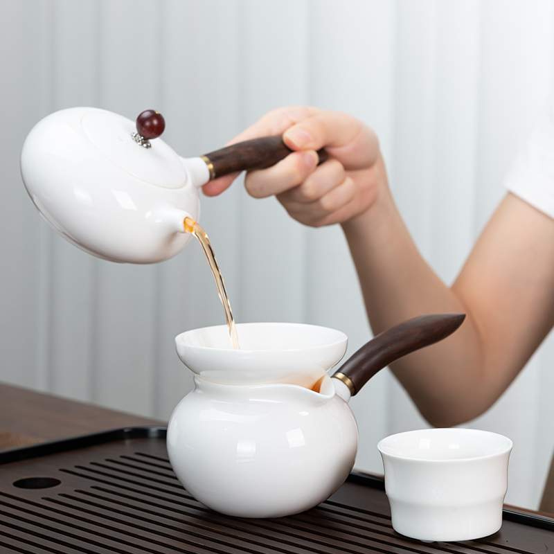 白瓷功夫茶具套装家用侧把德化高白玉瓷泡茶壶盖碗茶杯茶洗整套陶瓷描金 15头汉白玉(侧/木)+8罗汉杯